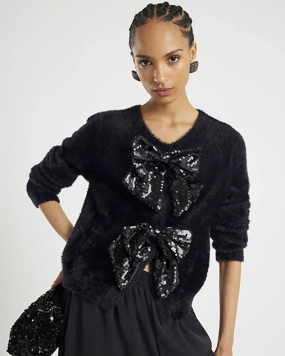 Long Sleeve Sequin Bow Fluffy Cardigan