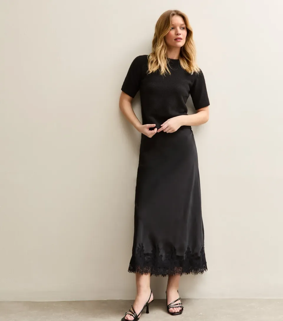 Women's Gini LondonBlack Satin Lace Hem Midi Skirt