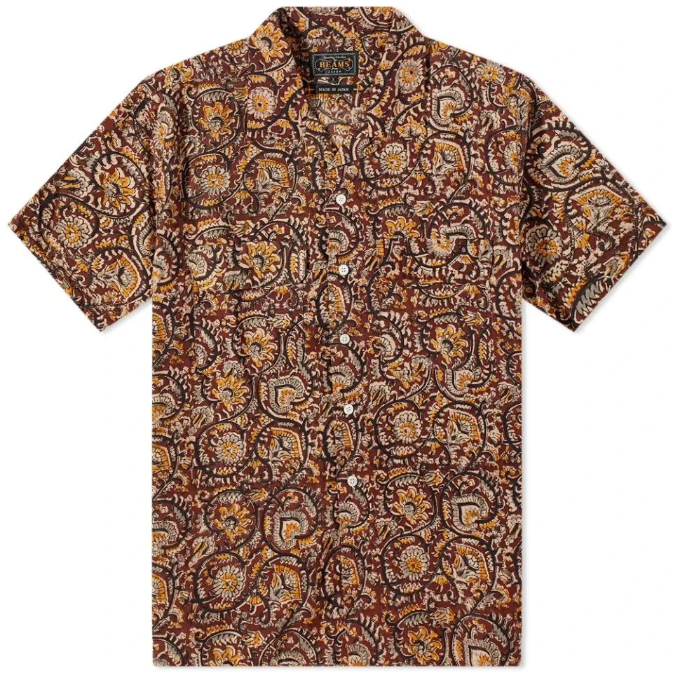 Short Sleeve Open Collar Floral Block Print Shirt