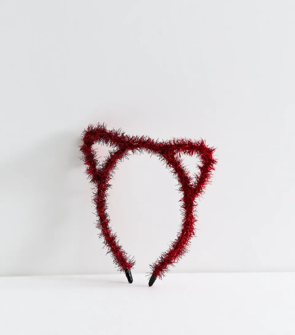 Bright Red Christmas Tinsel Cat Ear Headband