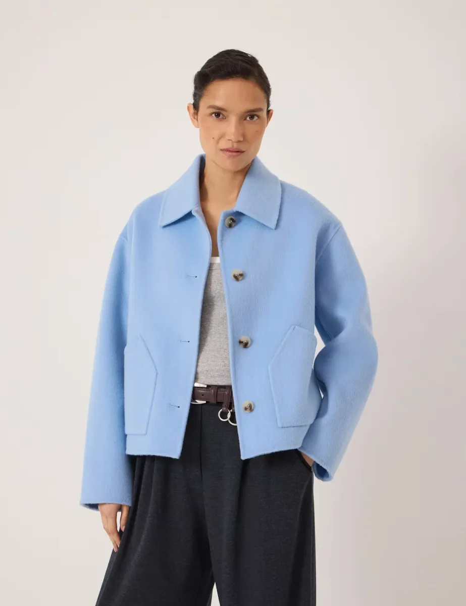Pure Wool Textured Cropped Jacket Light Blue