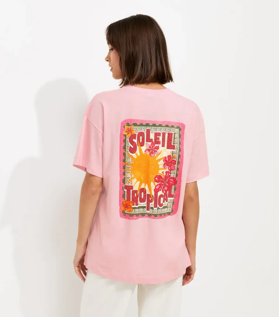 Women's Light Pink Soleil Tropical Stamp Print Oversized T-Shirt
