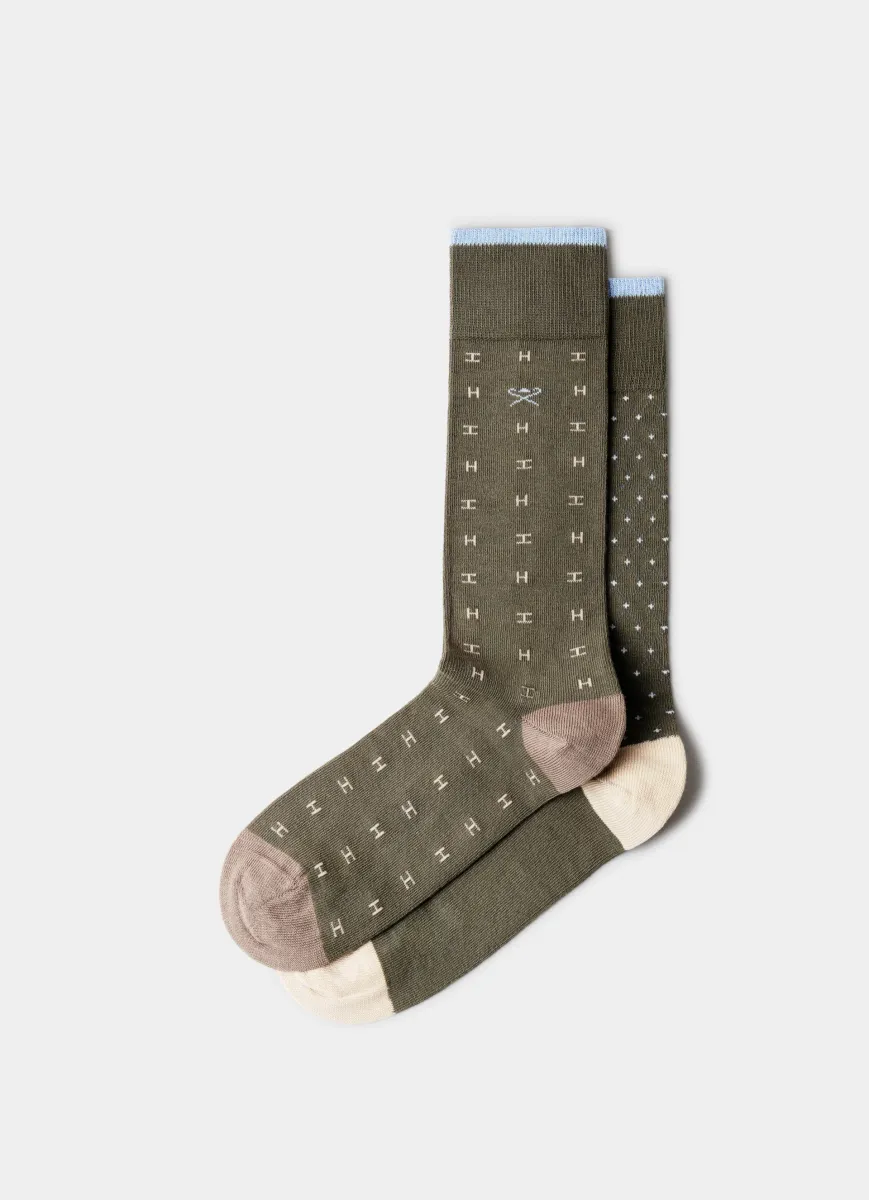 Two Pack Combed Cotton H Pattern Socks