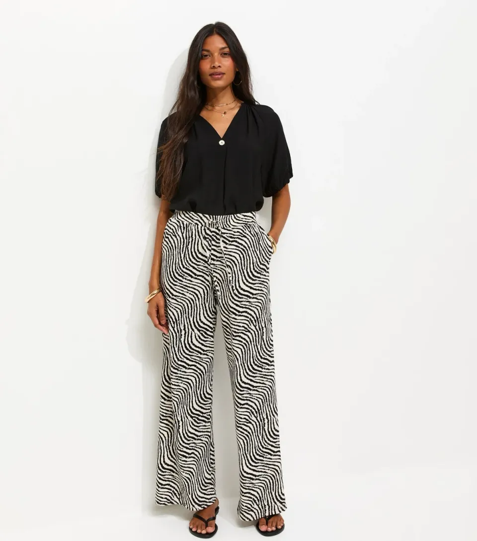 Women's Brown Zebra Print Crinkle Texture Wide Leg Trousers