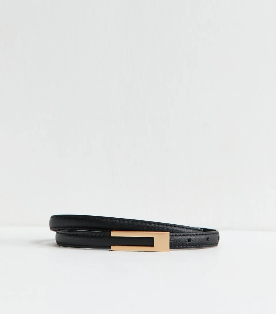 Black Faux Leather Rectangle Buckle Skinny Belt
