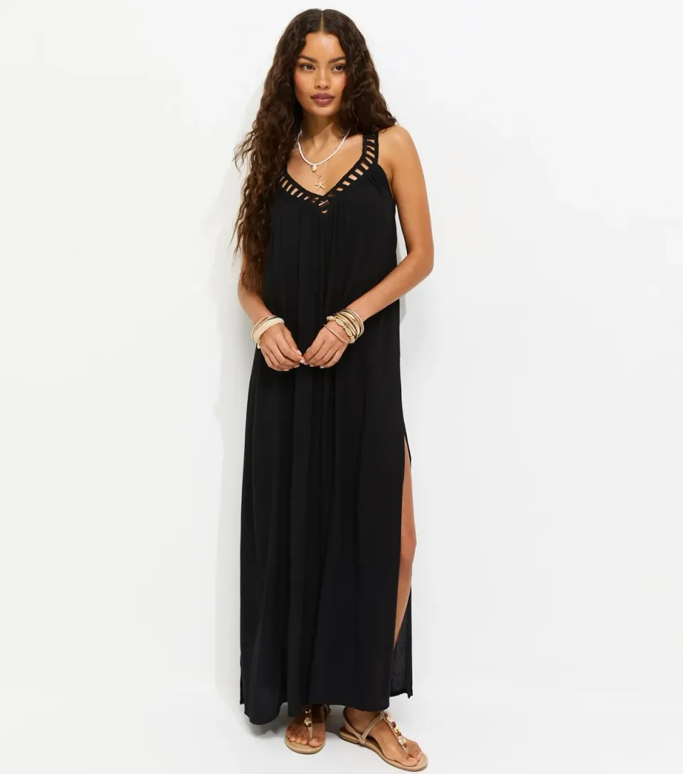 Women's Petite Black Crochet Trim V-Neck Beach Maxi Dress