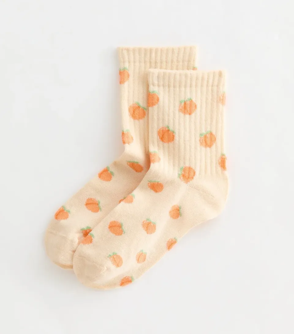 Peach Ribbed Fruit Patterned Ankle Socks