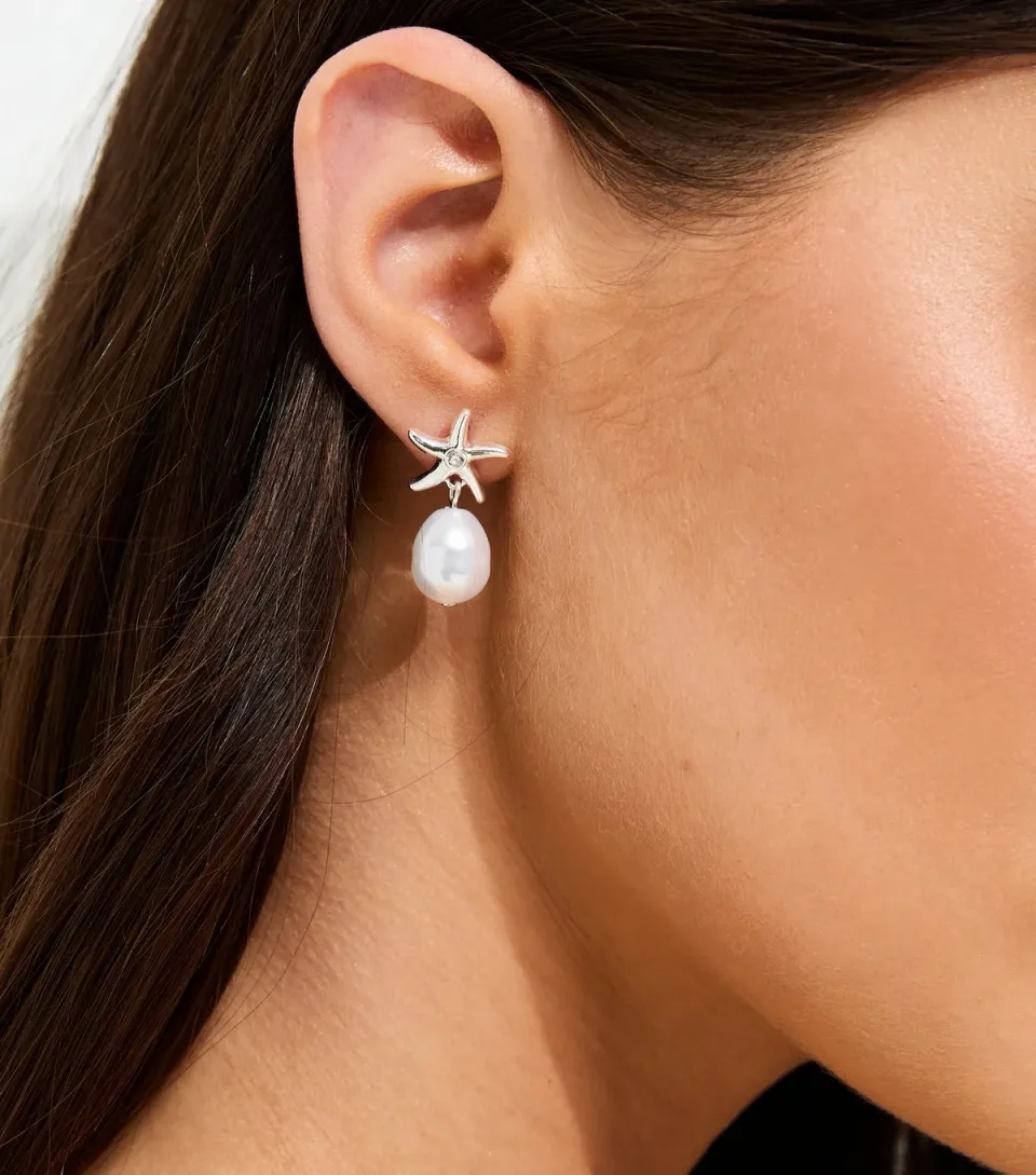 Silver Tone Mini Starfish Faux Pearl Drop Earrings