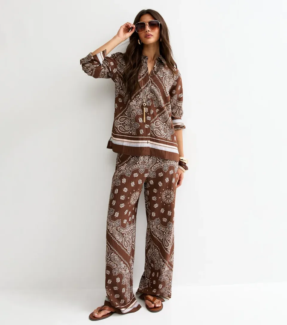 Women's Brown Paisley Wide Leg Trousers