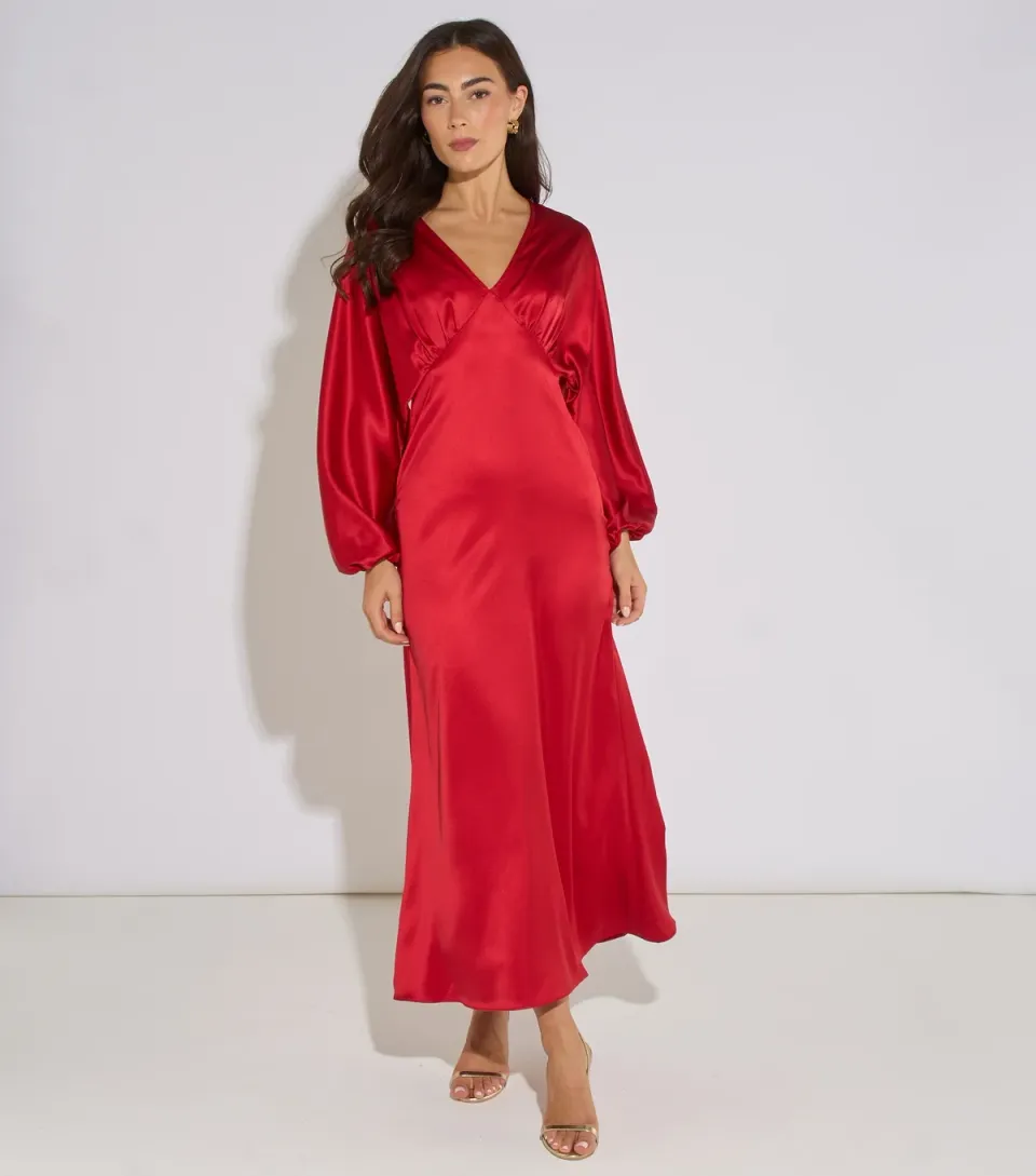 Women's Dark Red Satin Batwing Midaxi Dress