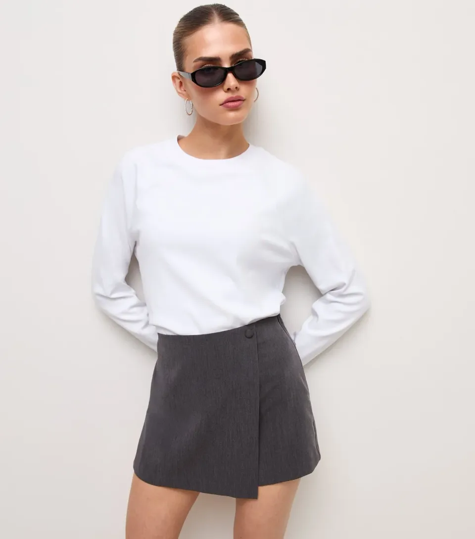 Women's Dark Grey Wrap Front Tailored Button Skort