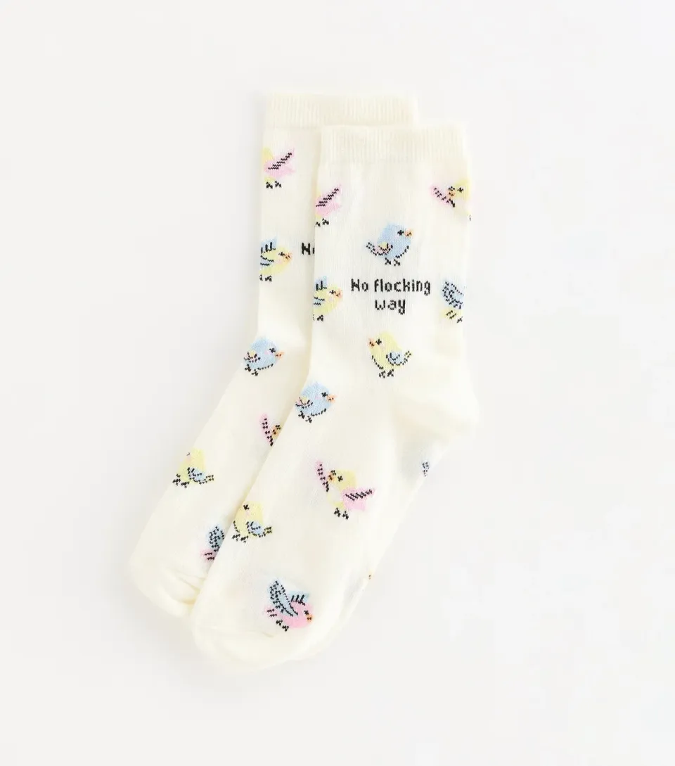 Cream Cotton Rich No Flocking Way Bird Pattern Socks