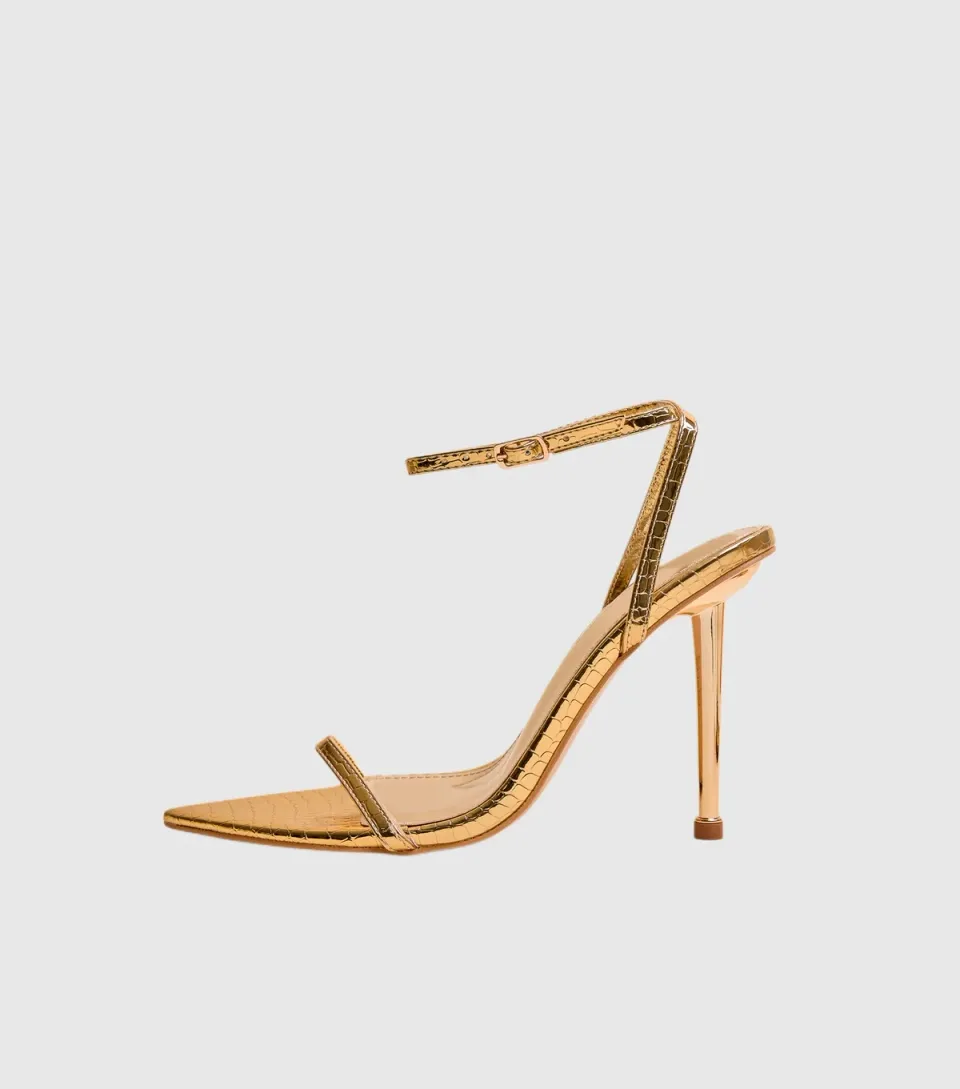 Women's Gold Legacy Faux Leather Crocodile Embossed Stiletto Heel Sandals