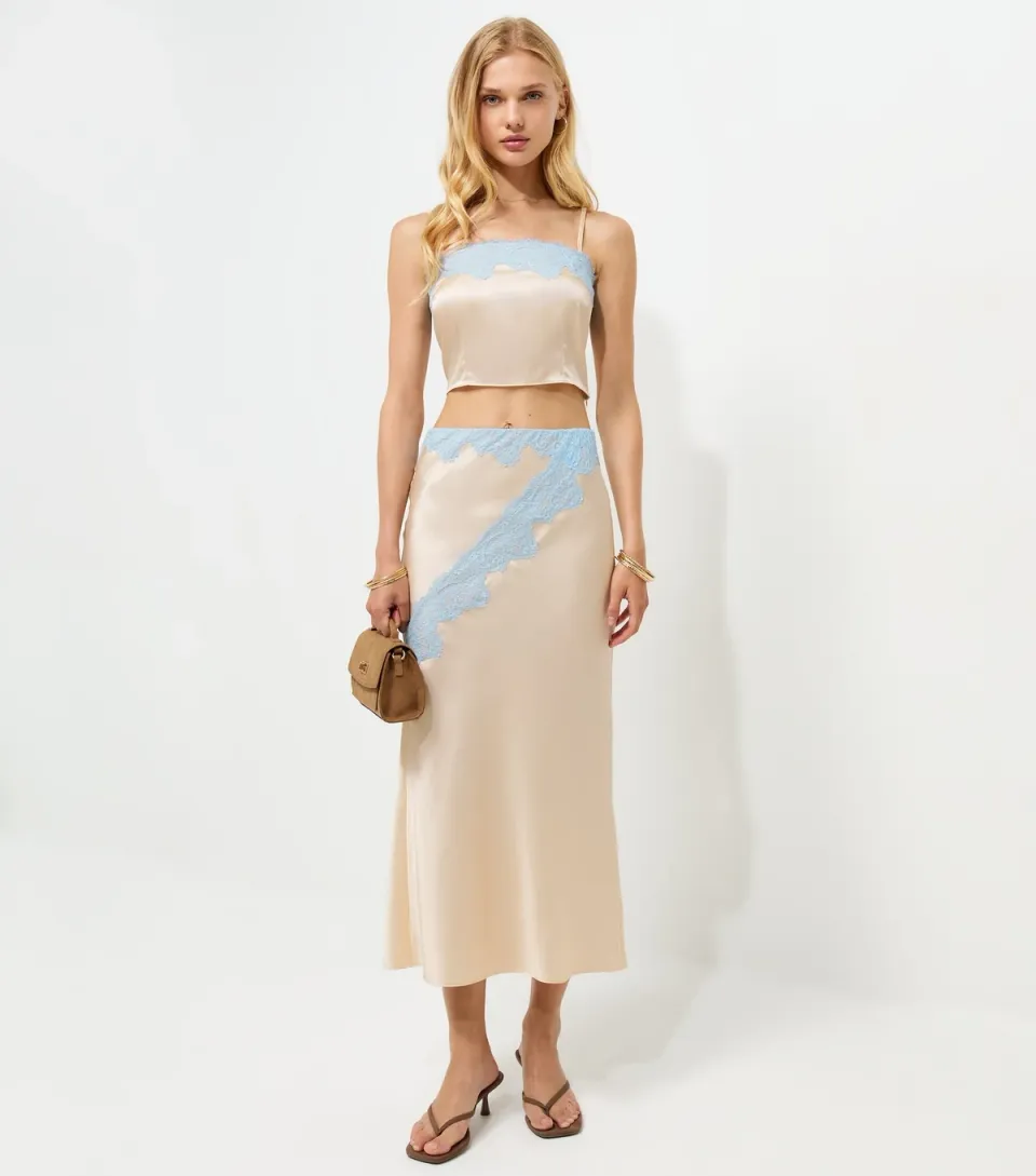 Women's Mink Satin Contrast Waist Lace Midi Skirt