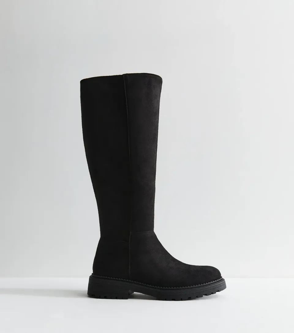 Women's Black Faux Suede Stretch Calf Knee High Boots Vegan
