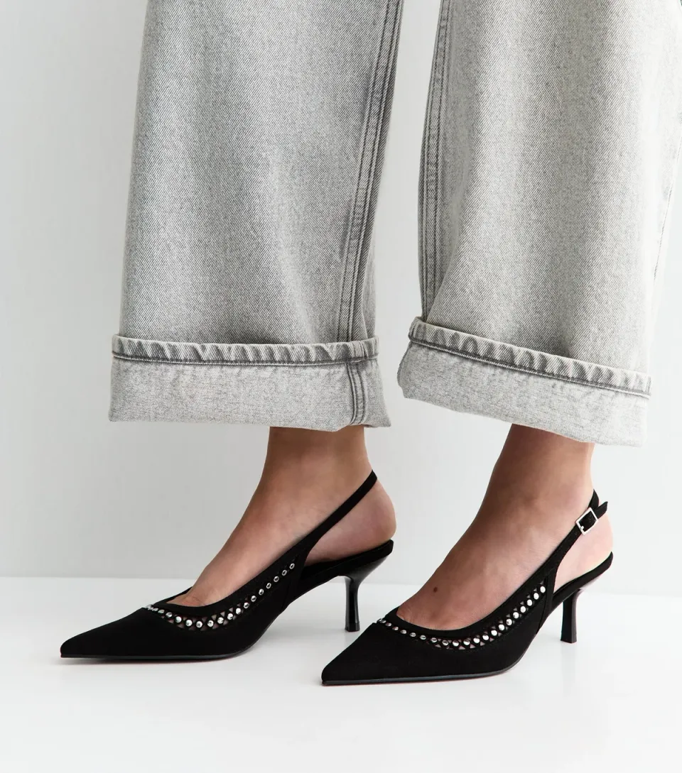Women's Black Faux Suede Studded Slingback Court Shoes Vegan