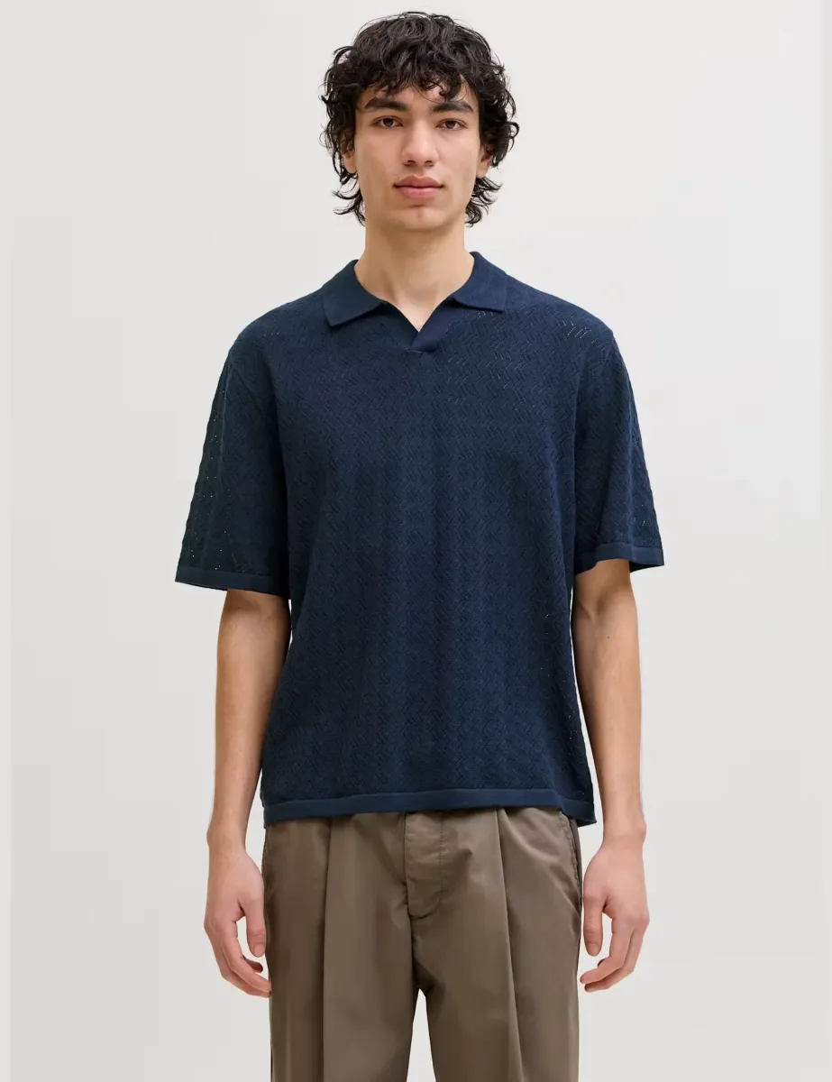 Cotton Blend Textured Polo Shirt Blue