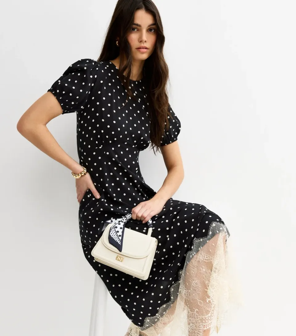 Women's Black Spot Print Lace Trim Midi Dress