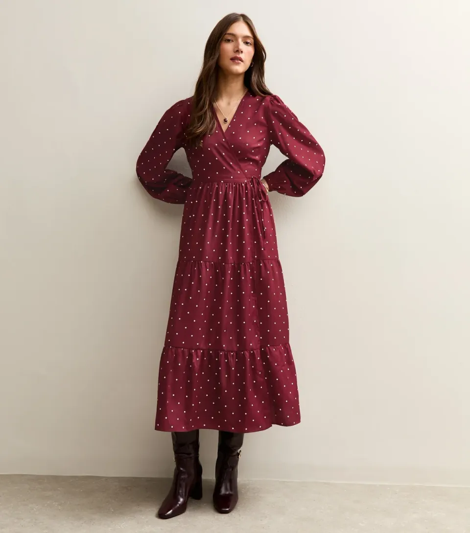 Women's Red Crepe Polka Dot Wrap Midi Dress