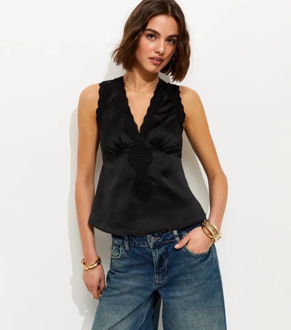Women's Black Satin Lace Trim Sleeveless Top