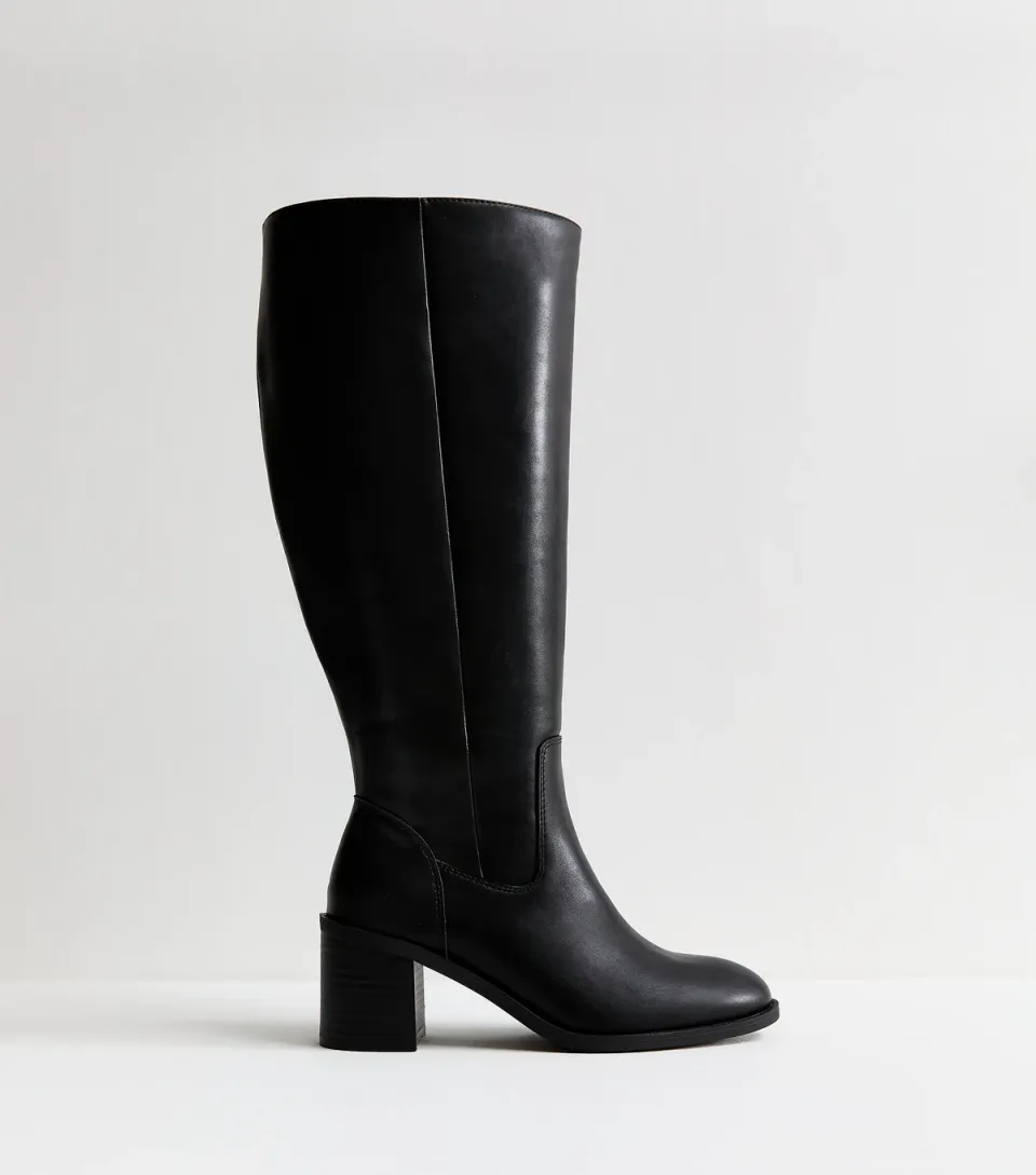 Women's Extra Calf Fit Wide Fit Black Faux Leather Knee High Boots