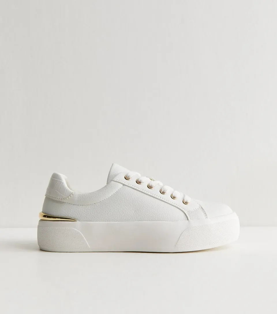 Women's White and Gold Platform Trainers