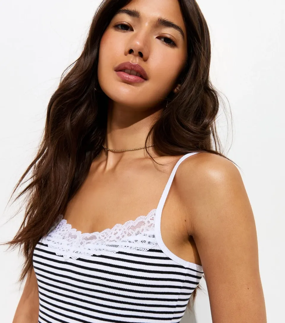 Women's White Cotton Rich Ribbed Striped Lace Trim Cami Top