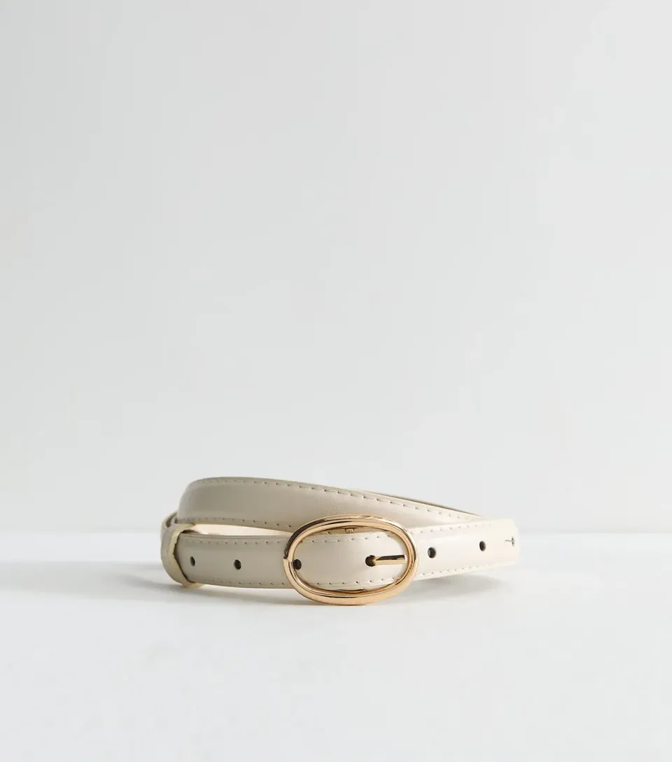 Cream Faux Leather Oval Buckle Skinny Belt
