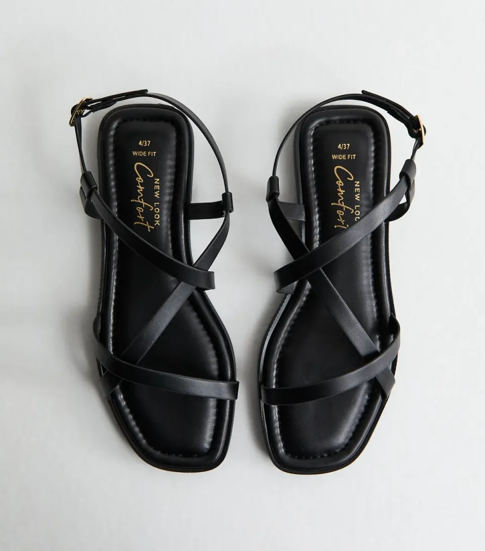 Women's Wide Fit Black Faux Leather Multi Strap Flat Sandals Vegan