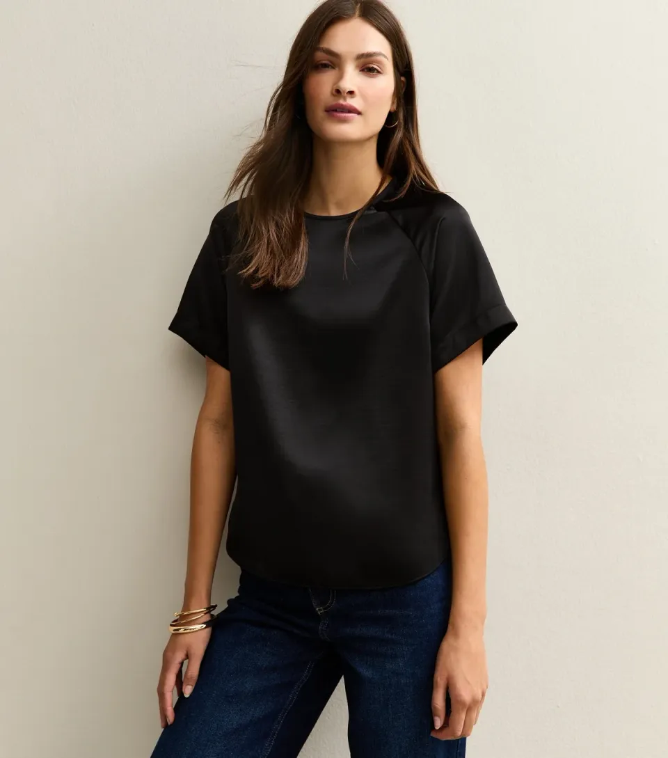 Women's Tall Black Satin Short Sleeve Top