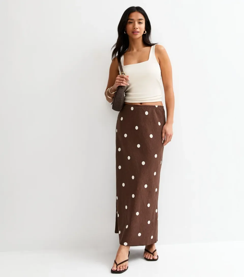 Women's Petite Brown Linen Blend Polka Dot Bias Cut Midi Skirt