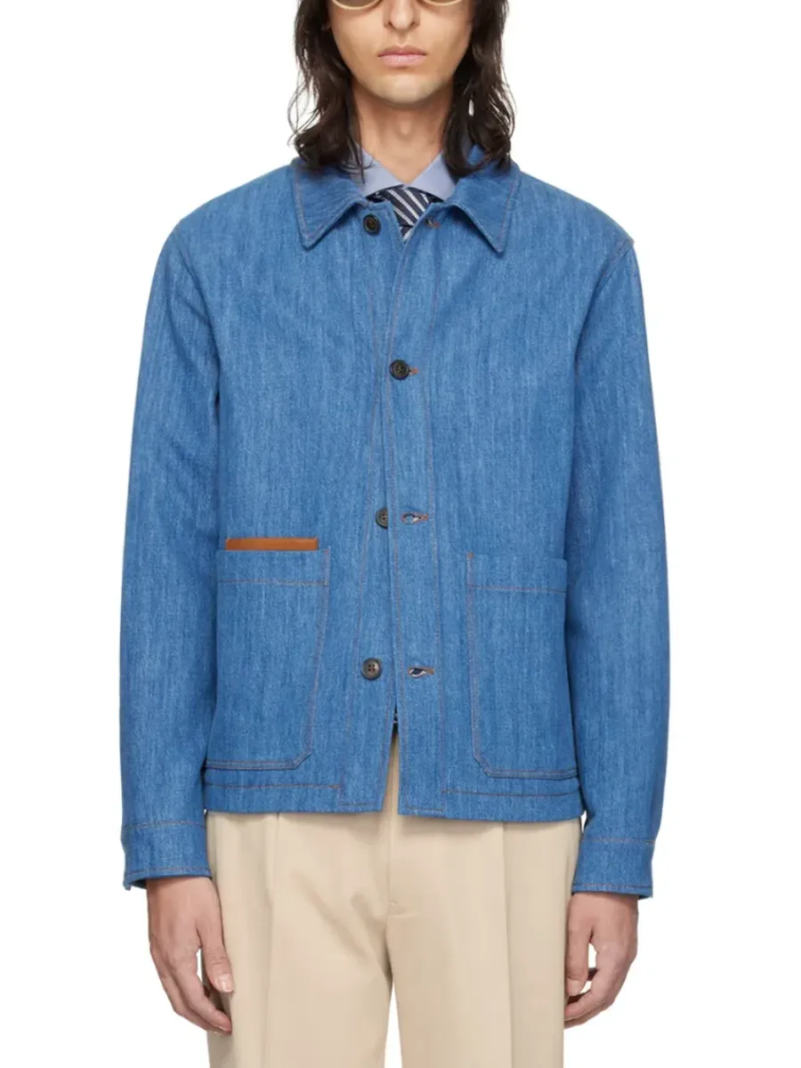 Men Blue Buttoned Denim Jacket Light Blue