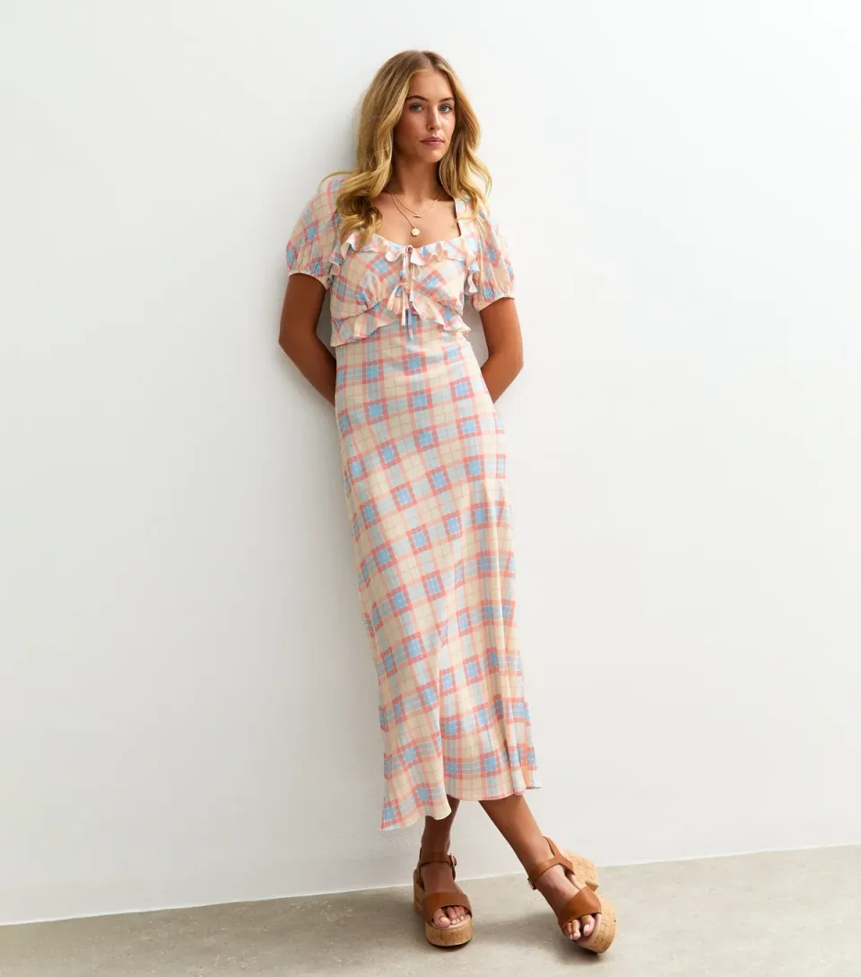 Women's Tall Cream Checked Ruffle Trimmed Milkmaid Midi Dress