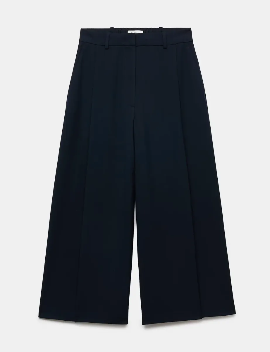 Woven Pleated Wide Leg Culottes Dark Navy