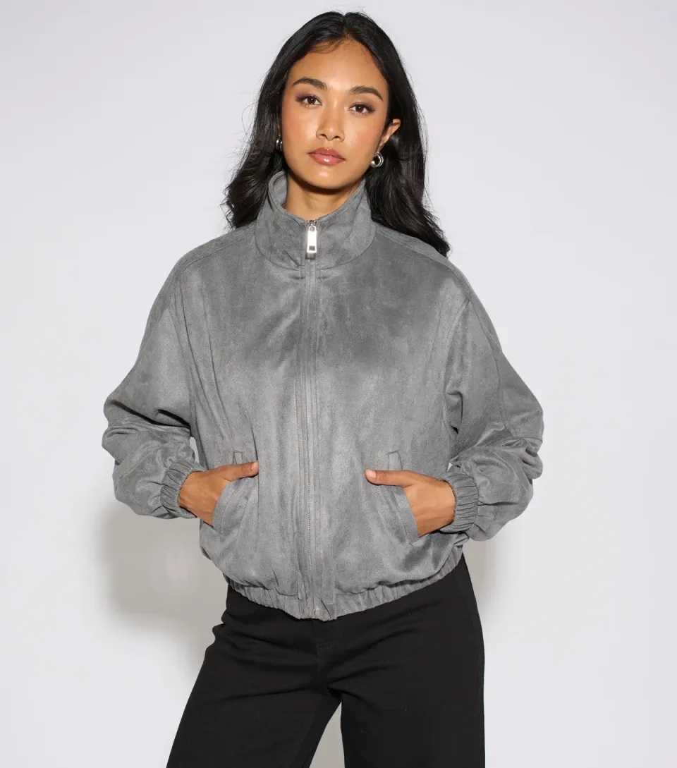 Women's Dark Grey Faux Suede Bomber Jacket
