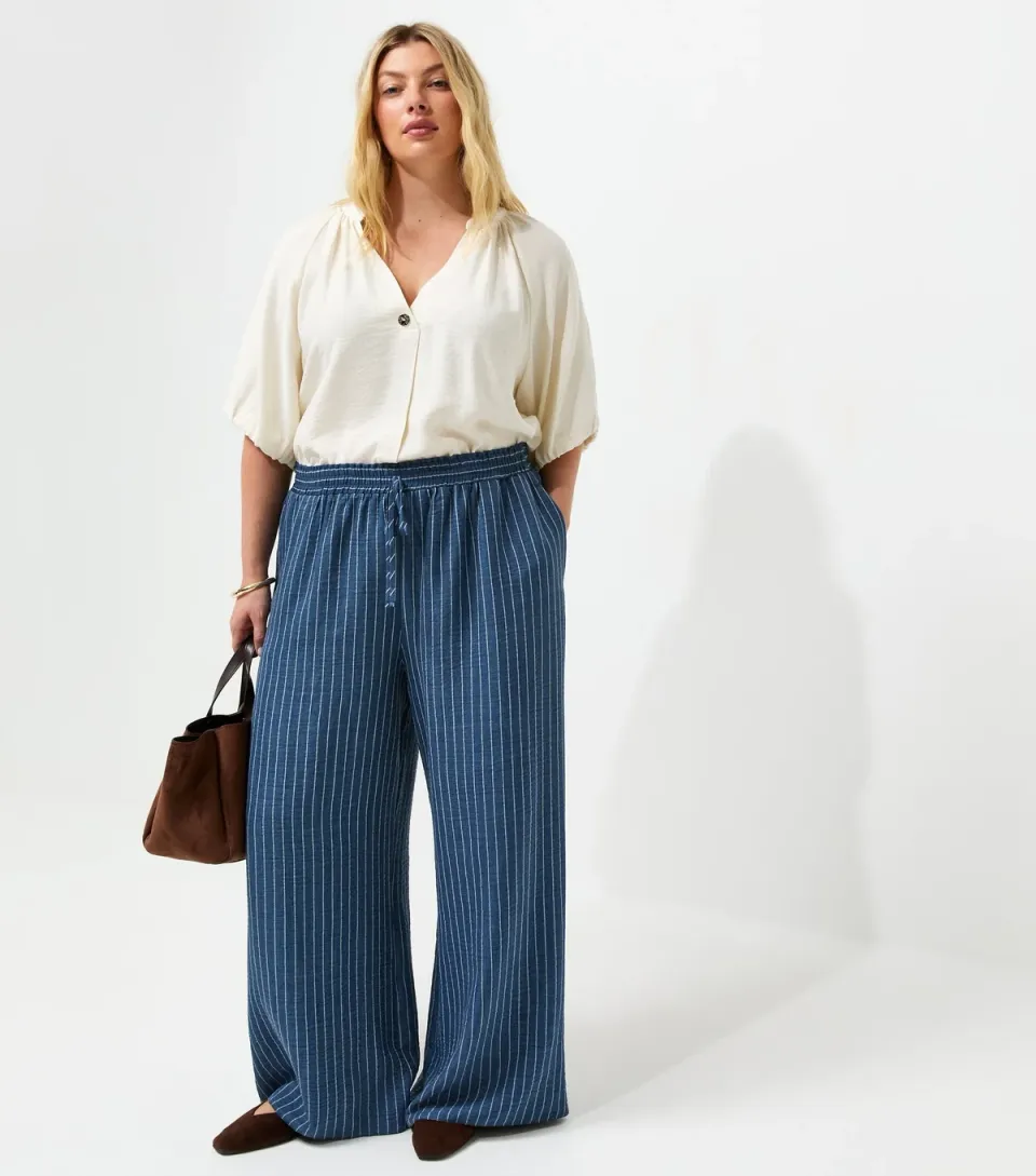 Women's Plus Size Blue Woven Striped Wide Leg Trousers Curves