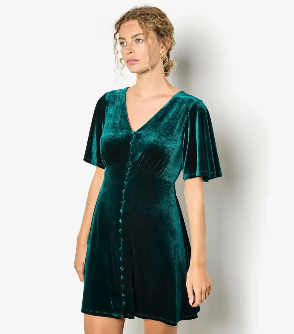 Women's Dark Green Velvet Angel Sleeve Dress