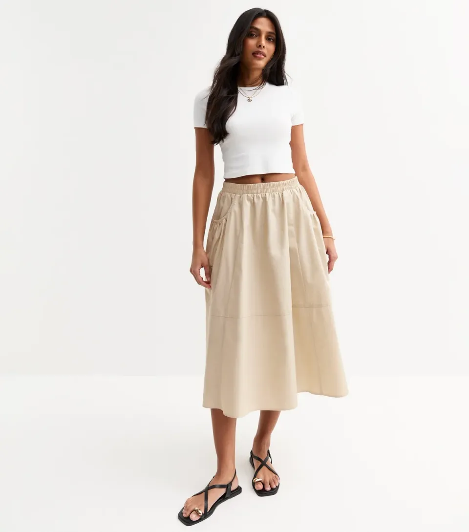 Women's Camel Double Pocket Midi Skirt