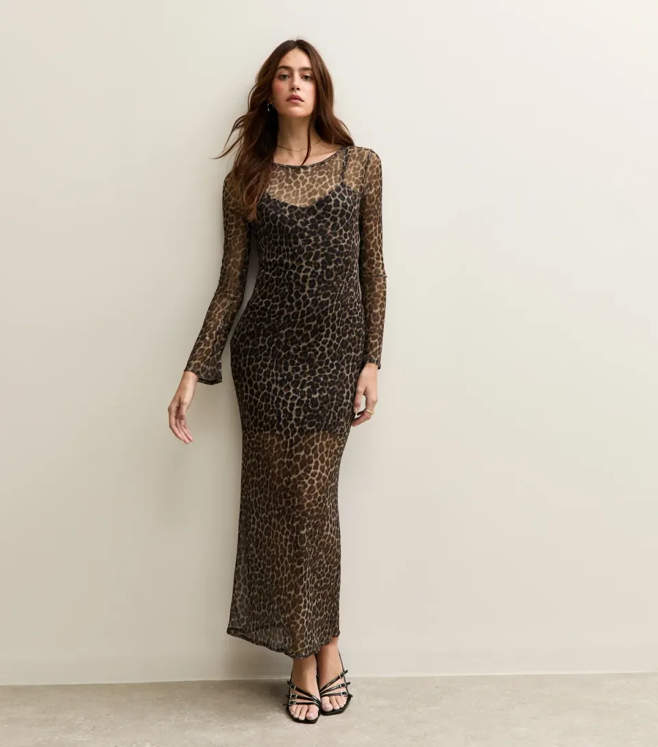 Women's Brown Leopard Print Cowl Back Mesh Midi Dress