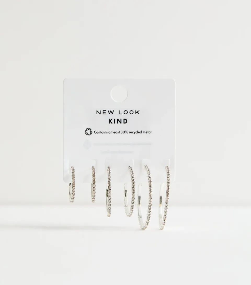 Pack of 3 Silver Tone Diamanté Hoop Earrings