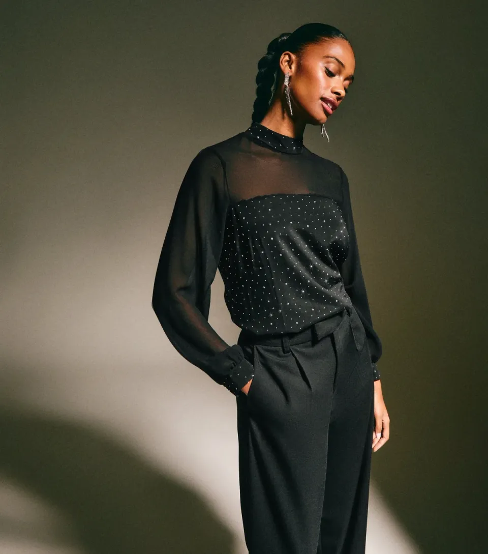 Women's Black Diamante Embellished Panelled Top