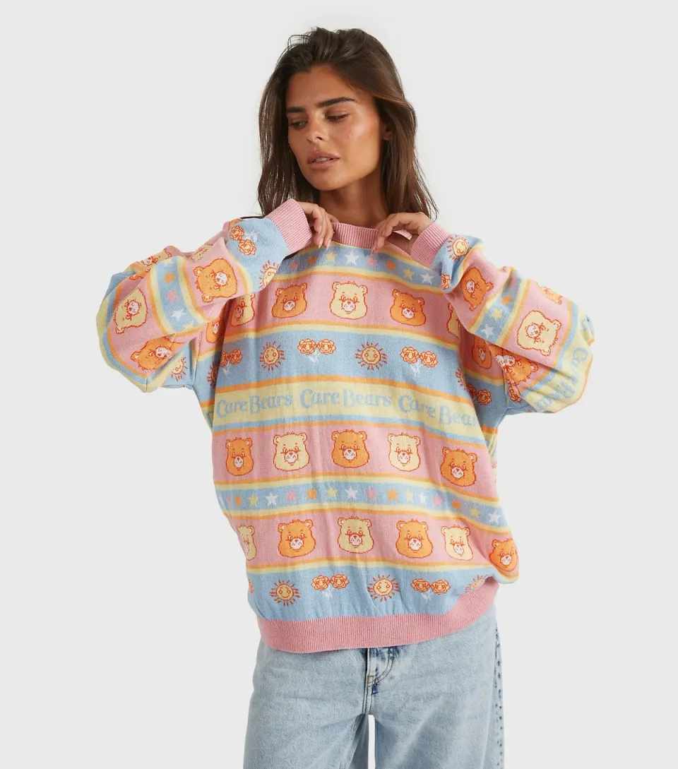 Women's Multi Colour Care Bears Stripe Knit Jumper