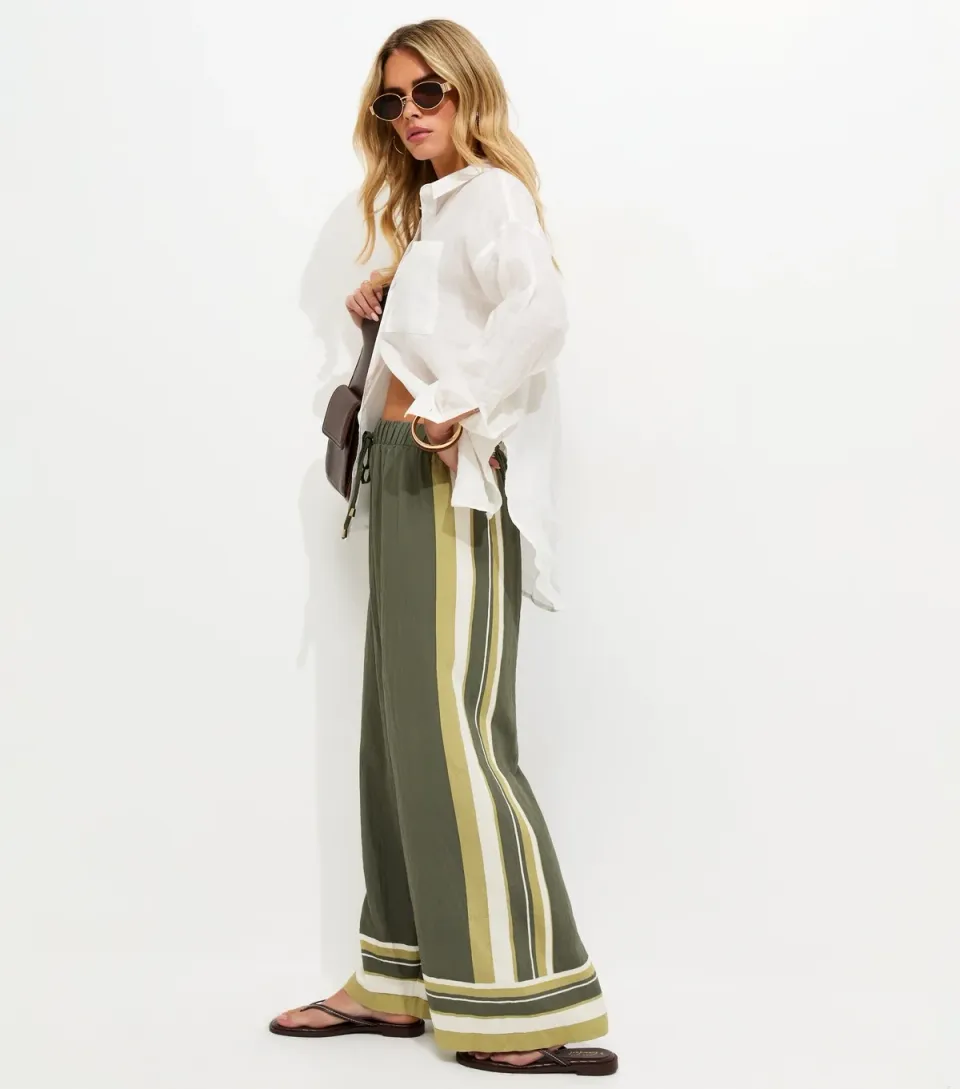 Women's Petite Green Striped Border Wide Leg Trousers