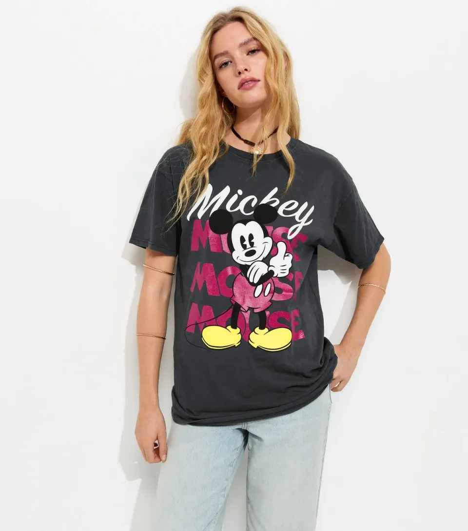 Women's Dark Grey Mickey Acid Wash Oversized T-Shirt
