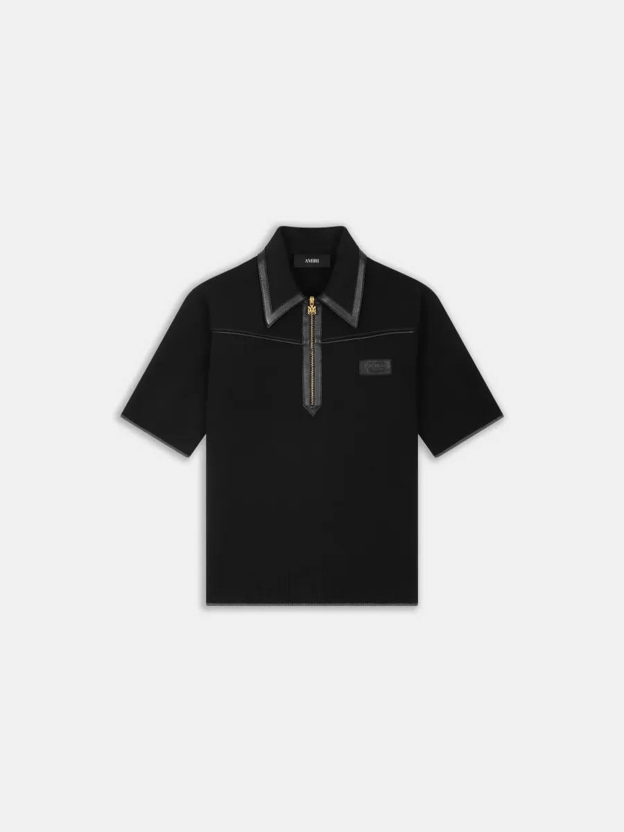 LEATHER TRIM KNIT ZIPPED POLO - Black