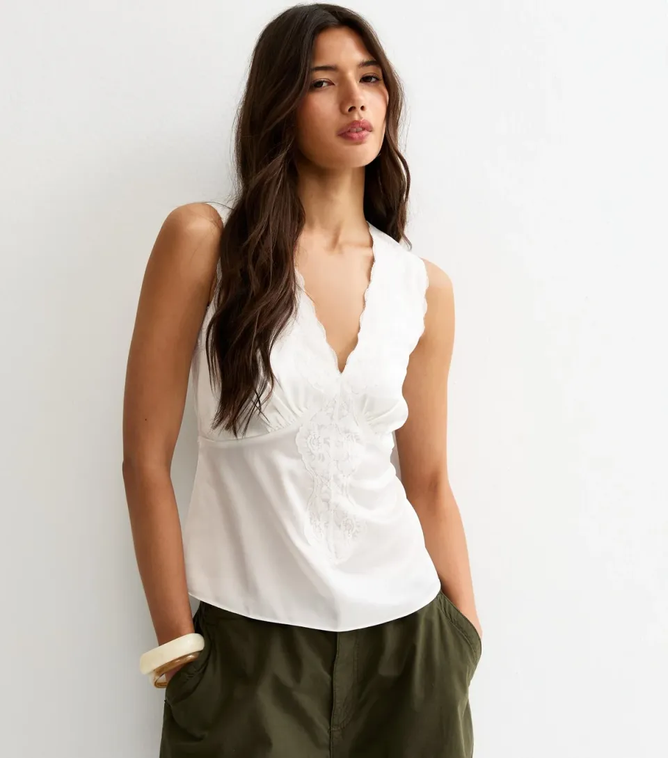 Women's Off White Satin Lace Trim Cami Top
