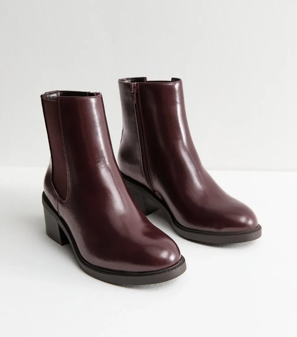 Women's Wide Fit Dark Burgundy Faux Leather Chelsea Heeled Ankle Boots Vegan