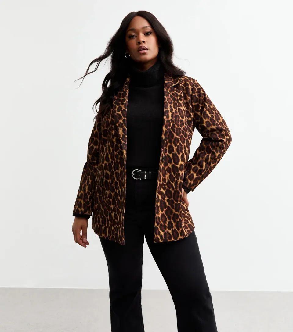 Women's Plus Size Brown Leopard Print Blazer Curves