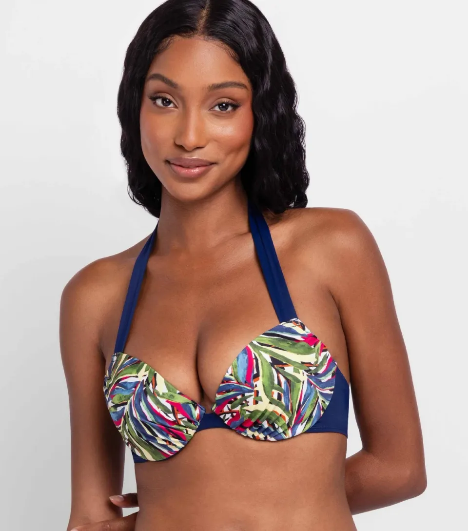 Women's Blue Floral Print Halterneck Bikini Top