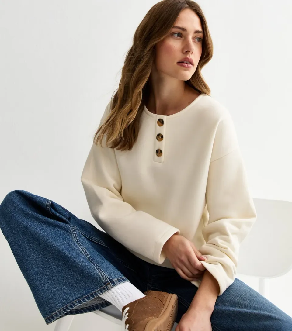 Women's Cream Relaxed Henley Sweatshirt